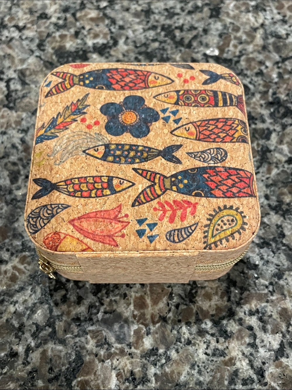 Vintage Style Cork Jewelry Case with Blue, Red and Tan Fish Motif